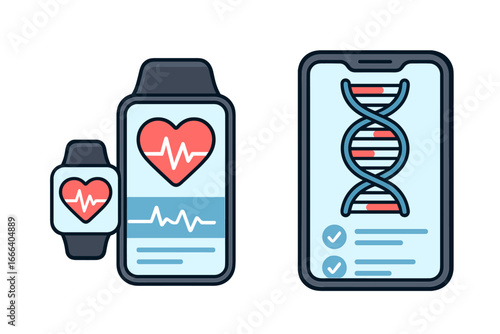 Health technology app with heart rate monitor on smartwatch and DNA genetics test results on phone. Digital healthcare concept. Vector for telemedicine, mHealth, and cardio.