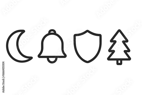 Set of simple line icons. Moon for night or sleep, bell for notification or alarm, shield for security and protection, and pine tree for nature or Christmas. Vector symbols.