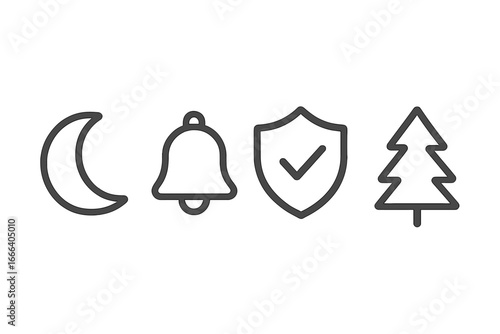 Minimalist line icons set. Crescent moon for night, notification bell for alert, security shield for protection, and pine tree for nature. Vector symbols for web UI design.