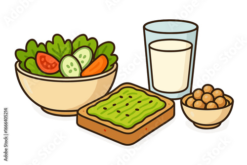 Healthy meal with fresh salad, avocado toast, milk, and chickpeas. Vector concept for nutrition, diet, and balanced vegetarian lifestyle. Cartoon food illustration isolated.