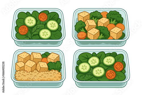 Healthy meal prep containers with vegetarian food. Set of vector lunch boxes with tofu, salad, quinoa, and vegetables for a nutritious diet. Cartoon illustration collection.