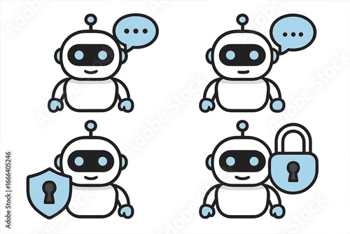 Set of chatbot mascot icons. Cute robot character for online support and communication. AI assistant with speech bubble. Concept for data security, protection and privacy.