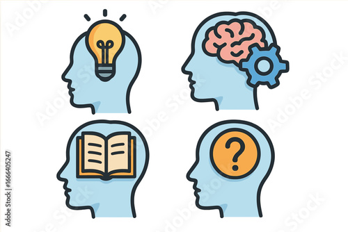 Human cognition icon set. Mental processes concept. Head silhouette with lightbulb idea, brain and gear for thinking, book for knowledge, and question mark for curiosity.