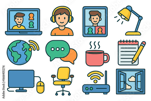Remote work icon set. Home office essentials for freelance and telecommuting. Vector icons for virtual meetings, online communication, technology and business workspace elements.