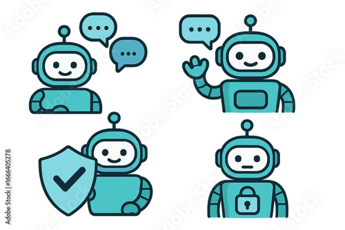 Chatbot icon set. AI robot for customer service and support. Online assistant with security shield and padlock. Virtual help and data protection technology. Vector icons.