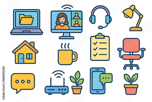 Remote work & work from home colorful icon set. Home office, freelance, online job & virtual meeting vector icons. Business technology, telework & communication symbols.