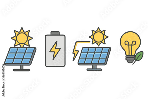 Solar energy concept icons. Sun powers panel, charges battery for electricity. Green energy innovation lightbulb with leaf. Sustainable renewable power vector illustration set.