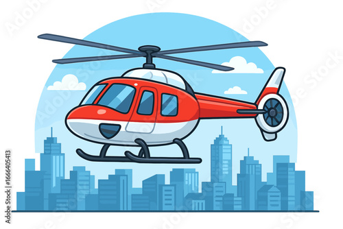 Helicopter flying over modern city skyline. Vector cartoon illustration for air transport, aviation, or rescue concepts. Chopper in flight above urban cityscape background.