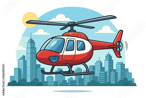 Helicopter flying over city skyline vector illustration. Cartoon chopper in flight above urban landscape with skyscrapers. Air transportation concept. Aviation, travel, tourism, rescue.