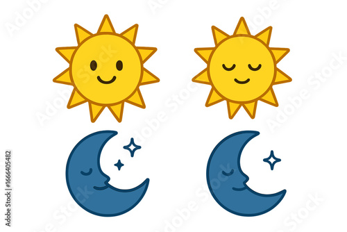 Cute sun and moon icon set. Day and night symbols. Kawaii cartoon characters with smiling faces, sleeping and awake. Weather forecast emoji collection. Vector illustration.