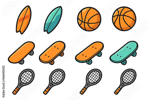 Vector sport icons set. Collection of cartoon surfboards, basketballs, skateboards, and tennis rackets. Summer activities and street sport equipment for a healthy lifestyle.