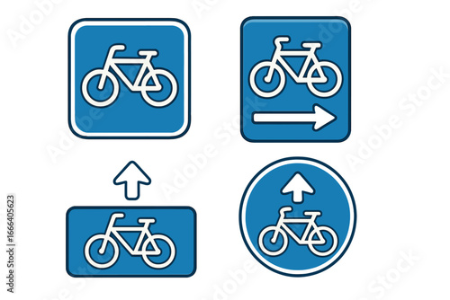 Set of bicycle lane road signs. Bike path and cycling route markers with direction arrows. Urban transport safety icons for cyclists. Vector illustration pictogram collection.