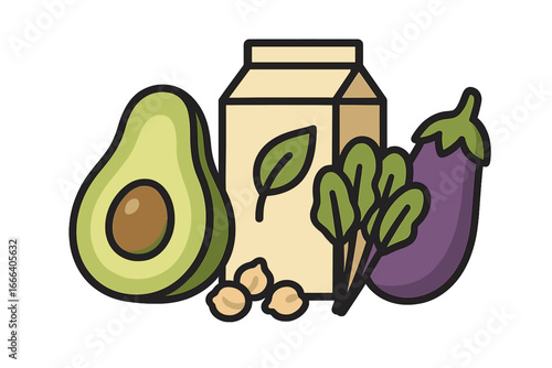 Plant-based food icon set with avocado, eggplant, and soy milk. Healthy vegan grocery products for nutrition and diet. Organic vegetable cartoon vector illustration collection.