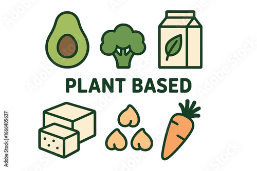 Plant based food icon set. Vector illustration for vegan and vegetarian diet. Ingredients like avocado, broccoli, tofu, chickpeas, carrot, plant milk. Healthy eating concept.