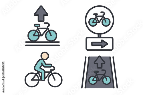 Icons representing bicycle lanes and cyclist routes in urban environments. Vector set with bike path, traffic sign, and rider symbols for city transportation concept.