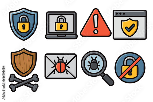 Cybersecurity vector icon set for online data protection and internet safety. Flat cartoon symbols of shield, lock, malware, virus, warning, laptop security, spam, piracy.