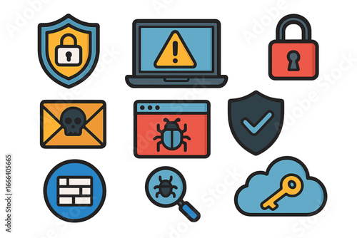 Cybersecurity icon set for online protection and threat detection. Vector concepts of data privacy, firewall, virus scan, malware, hacking, cloud security, and internet safety.
