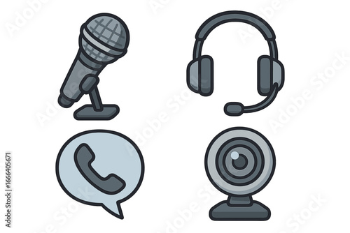 Communication tools icon set. Vector illustration of microphone, headset, webcam, and call symbol for online interaction, webinar, podcast, streaming, and customer support.