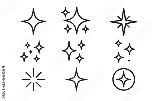 Sparkle icon set. Shine, star, twinkle symbols. Clean and fresh concept. Magic glitter light effect. Minimalist line art. Vector graphic elements for design project.