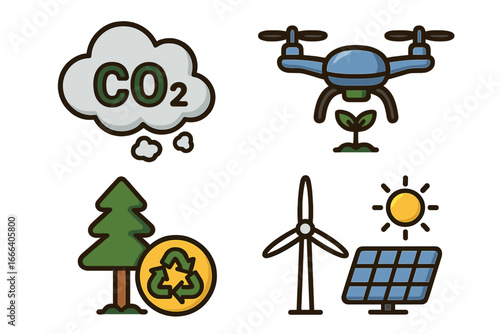 Ecology icon set with green energy and technology concepts. CO2 pollution, smart farming drone, forest conservation with recycling, solar and wind power vector symbols.