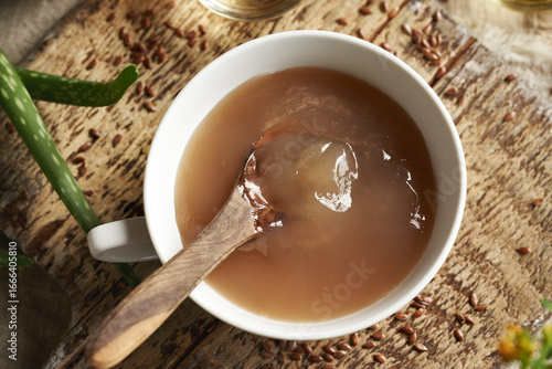 A bowl of homemade flax seed gel - ingredient for natural diy shampoo. Alternative haircare, no poo.