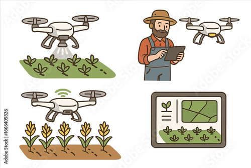Smart farming and agriculture technology with drones. Farmer uses tablet to manage crop spraying and field monitoring. Sustainable agritech innovation. Vector cartoon icons set.
