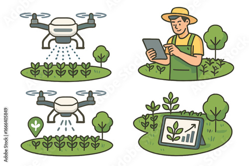 Smart farming with drone spraying crops and farmer using tablet for analysis. Precision agriculture for crop management and growth monitoring. Agribusiness technology vector set.