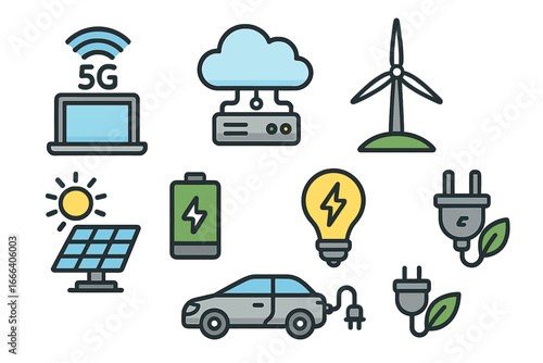 Renewable green energy icon set. Vector cartoon illustration of sustainable technology. Solar panel, wind turbine, electric car, 5G network, cloud server, battery power.