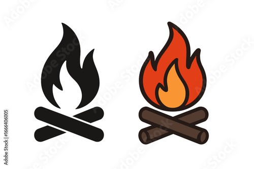 Campfire and bonfire icon set. Fire flame symbol collection. Vector illustration in flat cartoon and black silhouette style. Burning wood logs for camping, heat, and warmth concept.
