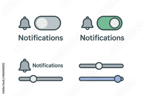UI kit with notification bell icons, toggle switches, and sliders. On and off state buttons for app settings. Vector user interface elements for web and mobile design.