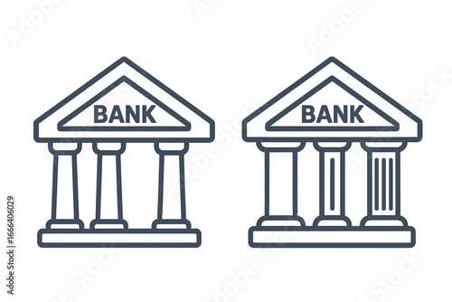 Two bank building line icons. Finance, economy, and investment concept. Government or courthouse symbol. Minimalist vector illustration of classical architecture columns.