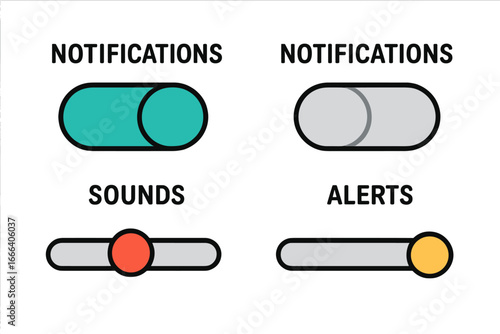 UI toggle switch and slider set for app settings. On off button. Notification, sound, alert control. User interface element. Web design. Enable disable icon. Vector graphic.