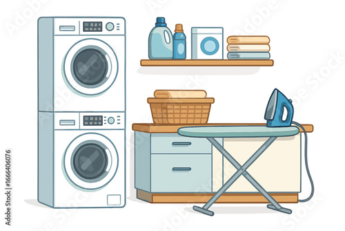 Laundry room vector illustration. Modern interior with stacked washing machine and dryer, ironing board with iron, and basket. Household appliances and domestic chores concept.