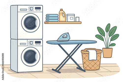 Modern laundry room interior with stacked washer and dryer machine. Household chore concept with ironing board, iron, laundry basket, and supplies. Vector cartoon illustration.