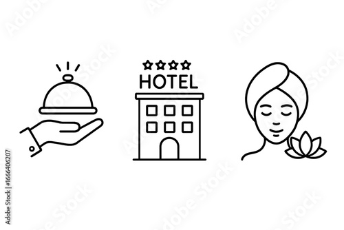 Luxury hotel service icon set. Accommodation, room service, and spa experience symbols. 4-star hotel, wellness, and beauty line art. Vector pictogram collection.