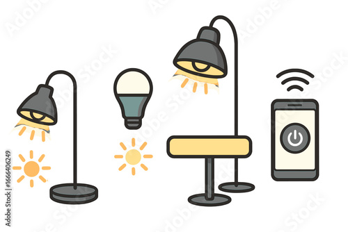 Smart lamp technology vector icon set. Modern lamps with adjustable brightness and wireless app control for contemporary living. LED bulb and floor lamp cartoon illustration.