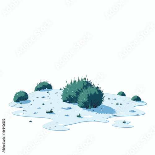 Digital illustration of a small collection of desert plants amidst scattered rocks and a sandy terrain with a minimalistic background emphasizing isolation and simplicity