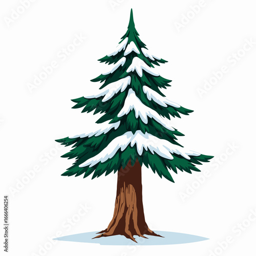 Tall Evergreen Tree Covered in Soft, White Snow Standing Firmly on Frozen Ground with Clear Blue Sky in Background Illustrates Serene Winter Scene
