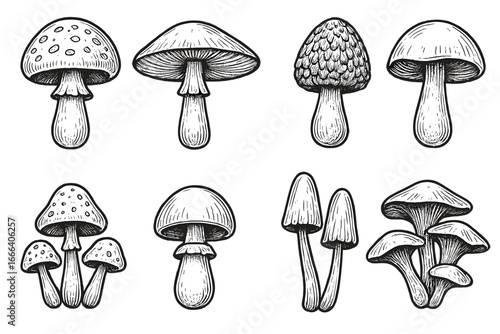 Mushroom set vector illustration collection. Hand drawn fungus sketch in engraving style. Black and white fungi toadstool icons. Botanical forest nature design elements isolated.