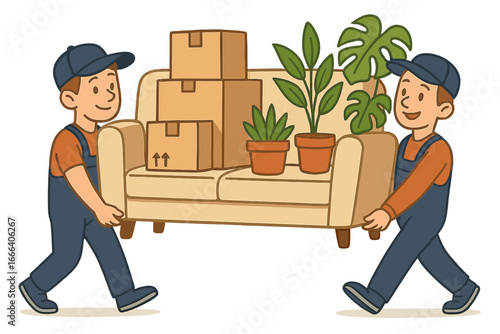Two movers carrying a sofa with boxes and plants. Moving house service concept. Relocation and delivery team at work. Professional workers carrying furniture. Vector illustration.