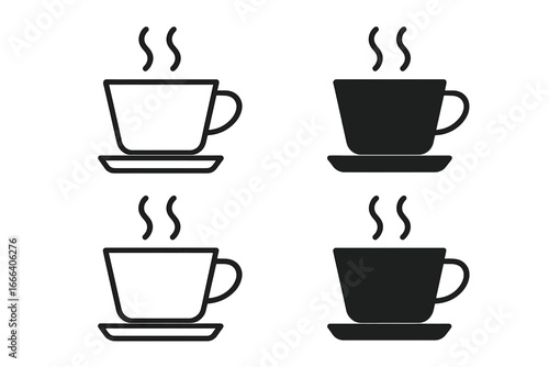 Coffee cup icon set. Hot drink mug symbol collection. Vector illustration of tea cups in outline and solid glyph style. Minimalist design for cafe menu or web graphics.