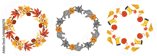 Charming Autumn Frames With Playful Leaves, Pumpkins And Halloween Motifs. Perfect For Seasonal Decor, Thanksgiving Cards, Home Projects.