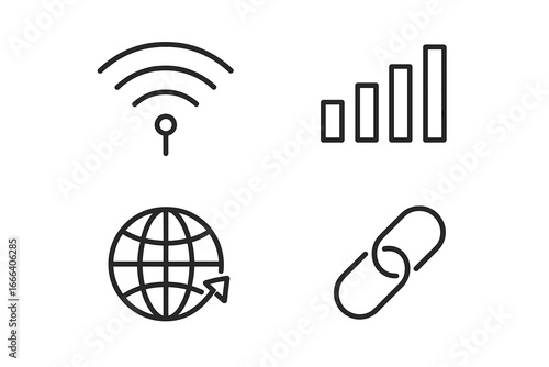 A set of minimalist line art icons for wireless signals and data connectivity. Includes Wi-Fi, signal strength, global network, and hyperlink symbols for web and app design.