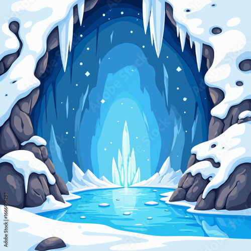 Enchanted Ice Cavern: A Majestic Glacial Sanctuary Nestled in Snowy Mountains with Sparkling Stalactites and a Crystal-Clear Frozen Pool Reflecting Winter's Beauty