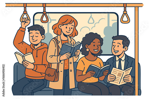 People reading on public transport. Commute concept. Passengers in subway, train, bus. Men, women reading books, newspaper. Urban lifestyle. Daily routine. Vector illustration.