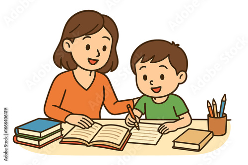 Mother helping son with homework, parent teaching kid. Homeschooling education. Family learning, studying together. Cute boy writing at a desk with books. Vector cartoon.