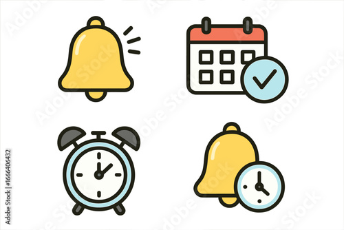 Reminder icons for scheduling and time management. Vector icon set for notification, alert, appointment, and deadline. Calendar, alarm clock, and bell symbols for planning.