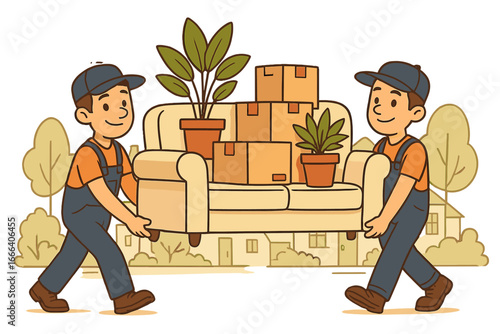 Movers carrying a sofa with boxes and plants. Moving service, relocation concept. Delivery men with furniture for a new home or apartment. House moving vector illustration.