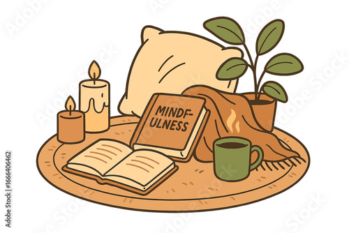 Mindfulness self-care concept. Relaxing wellness setup for mental health with book, candle, coffee. Cozy hygge lifestyle for tranquility, balance, meditation. Vector flat cartoon.