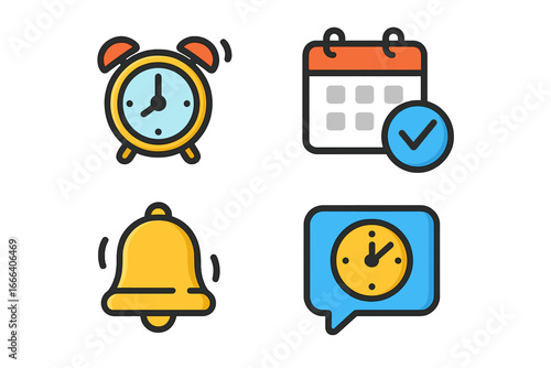 Reminder icon set for scheduling and time management. Vector cartoon illustration of alarm clock, calendar appointment, and notification bell symbols for planning and deadlines.